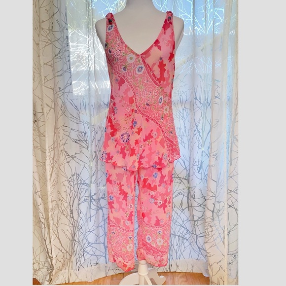 NATORI JOSIE PINK RED FLORAL CAMO PRINT SHEER TANK TOP CROP PANTS PAJAMA SET - Picture 8 of 13